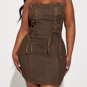 Fashion Nova Chocolate Strapless Denim Lace-Up Dress